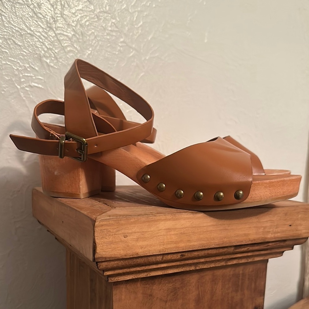 Lulu's Brown Leather Mules with Wooden Platform Size 9